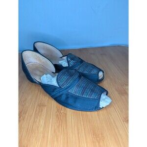 Vintage Black Metallic Silk Satin Slippers Shoes Comfy Peep Toe Boudoir 9 [U03]